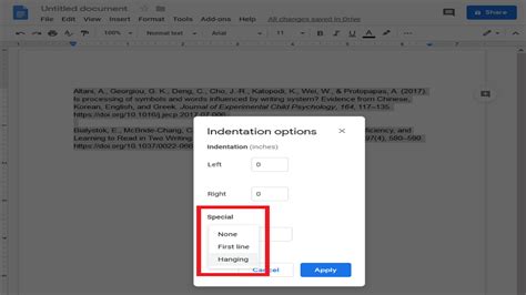 how to do a citation indent in google docs