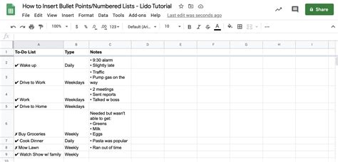 how to do bulleted list in google sheets