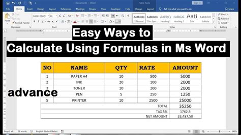 how to do formulas in word table