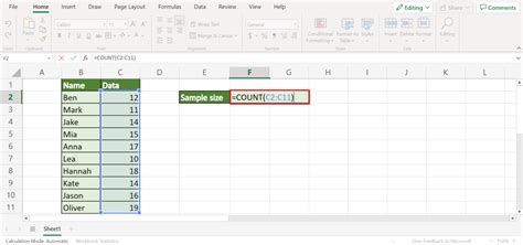 how to do sample size in excel