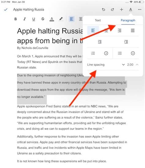 how to double space in google docs on ipad