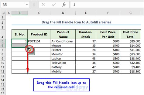 how to drag a fill handle in excel