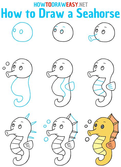 how to draw a cute seahorse step by step