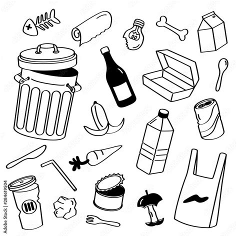 Pencil Hand Drawing of Trash Waste Categories Types Stock