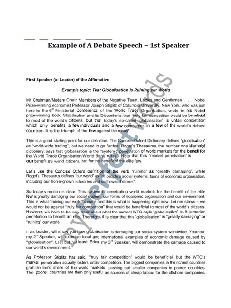 how to end a debate speech first speaker example pdf
