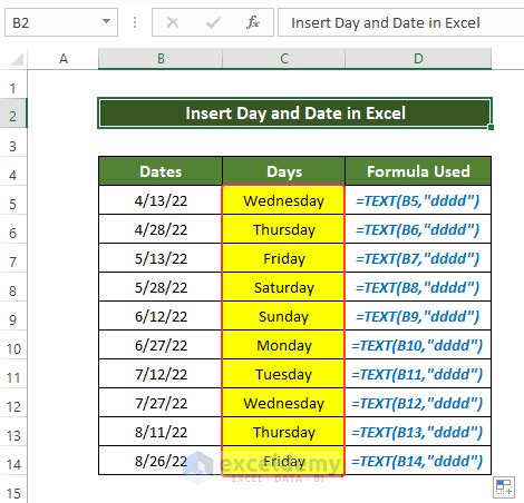 how to enter day against date in excel