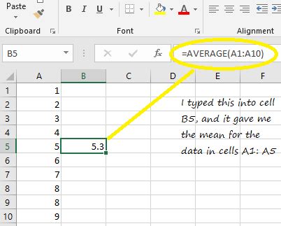 how to enter mean formula in excel
