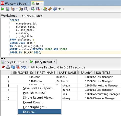 how to export select query data into excel in oracle sql developer