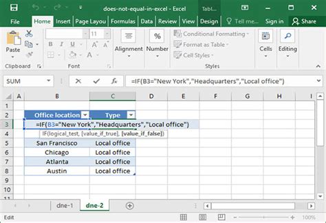 how to express does not equal in excel