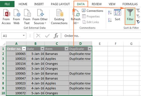 how to filter duplicates in excel table