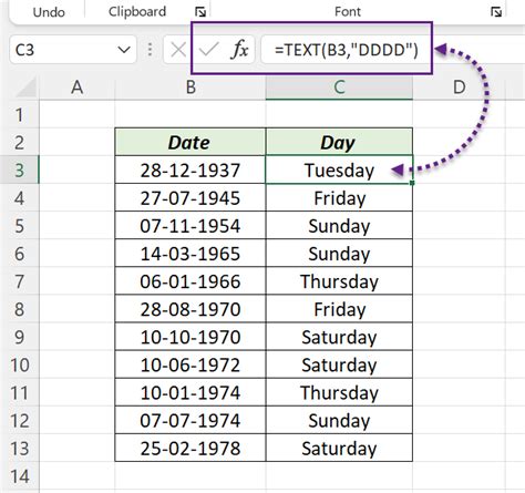 how to find day in excel from date