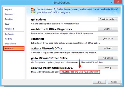 how to find excel version number