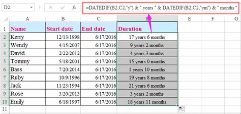 how to find length of service in excel