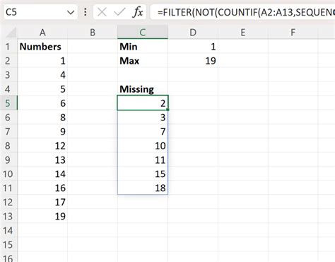 how to find missing numbers in excel column
