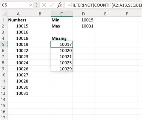 how to find missing numbers in excel using formula