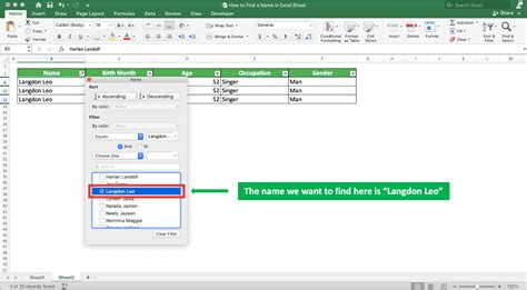 how to find name in excel