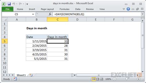 how to find number of days in month excel