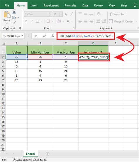 how to find range between two numbers in excel