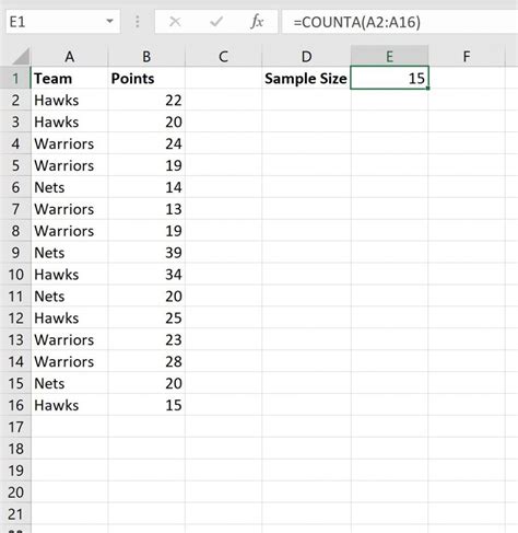 how to find sample size n in excel