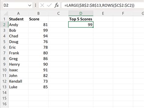 how to find top 5 in excel using formula
