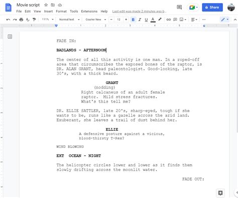 how to format a screenplay on google docs