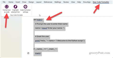 how to format code snippets in word