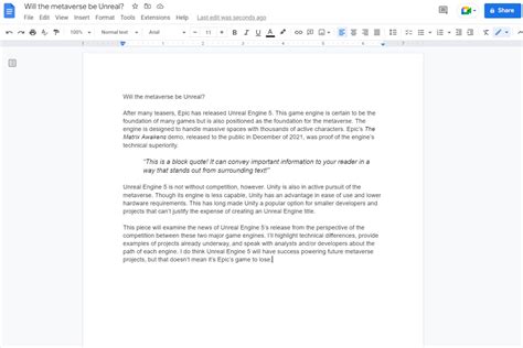 how to format long quotes in google docs