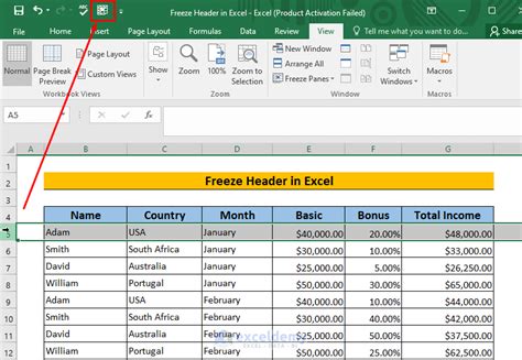 how to freeze table heading in excel