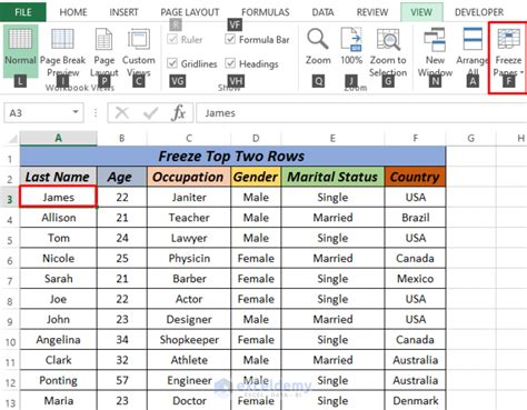 how to freeze top 2 rows in excel sheet