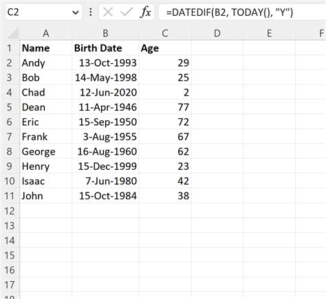 how to get age from year of birth in excel