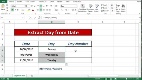 how to get day from date in excel formula