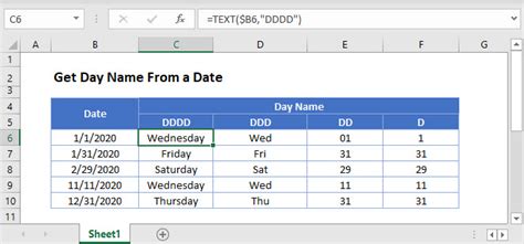 how to get day name in excel sheet