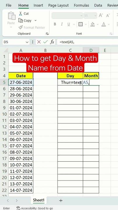 how to get days from month in excel