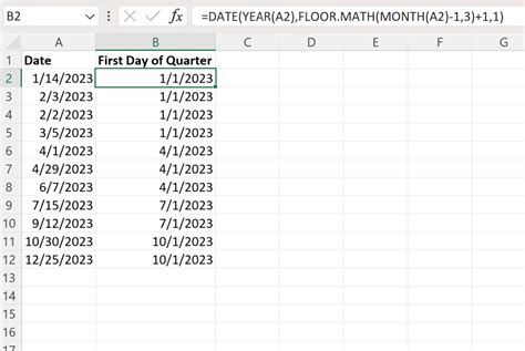 how to get first day of quarter in excel