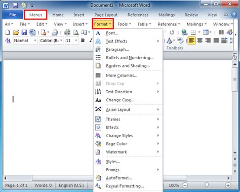 how to get format menu in word