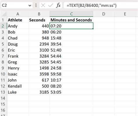 how to get minutes and seconds in excel