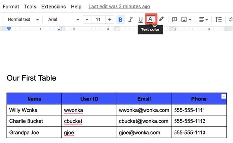 how to get table on docs