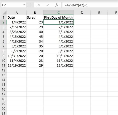 how to get the first day of the year in excel
