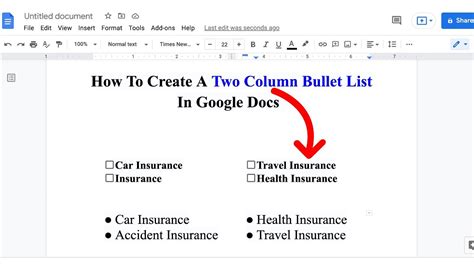 how to get two columns of bullet points in google docs