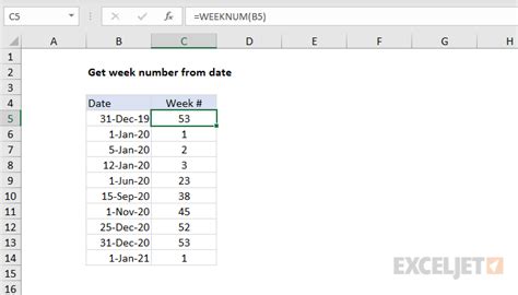 how to get week number of year from date in excel