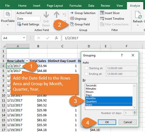 how to get year and quarter from date in excel pivot table