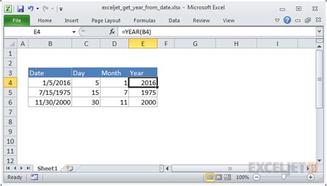 how to get year from date in excel formula