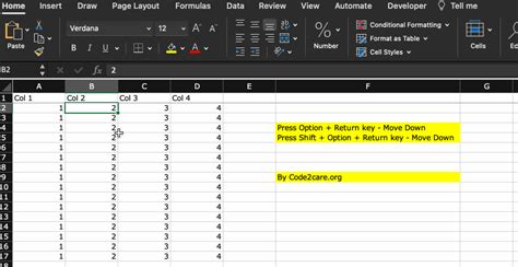 how to go to next line in numbers mac