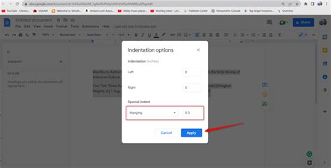 how to hanging text in google docs