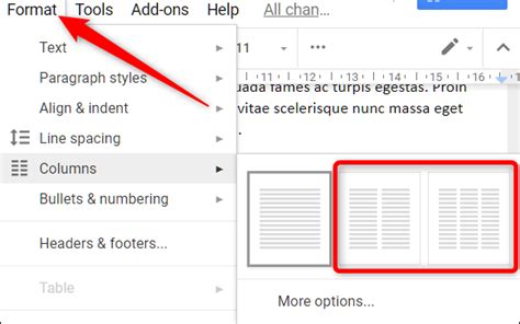 how to have multiple columns of text in google docs