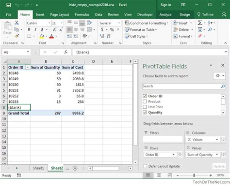 how to hide blank cells in pivot table