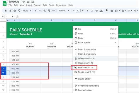 how to hide rows in excel google sheets