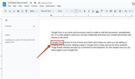 how to hyperlink to another page in google docs