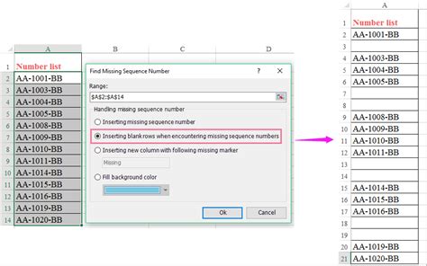 how to identify missing numbers sequence in excel