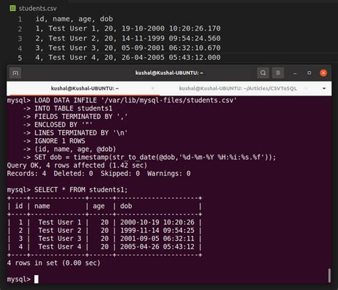 how to import csv file in mysql using command line